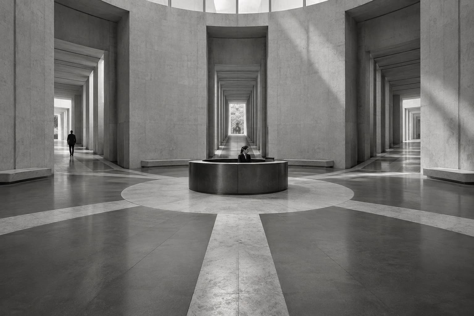 Several monumental passageways converging on a calm central desk
