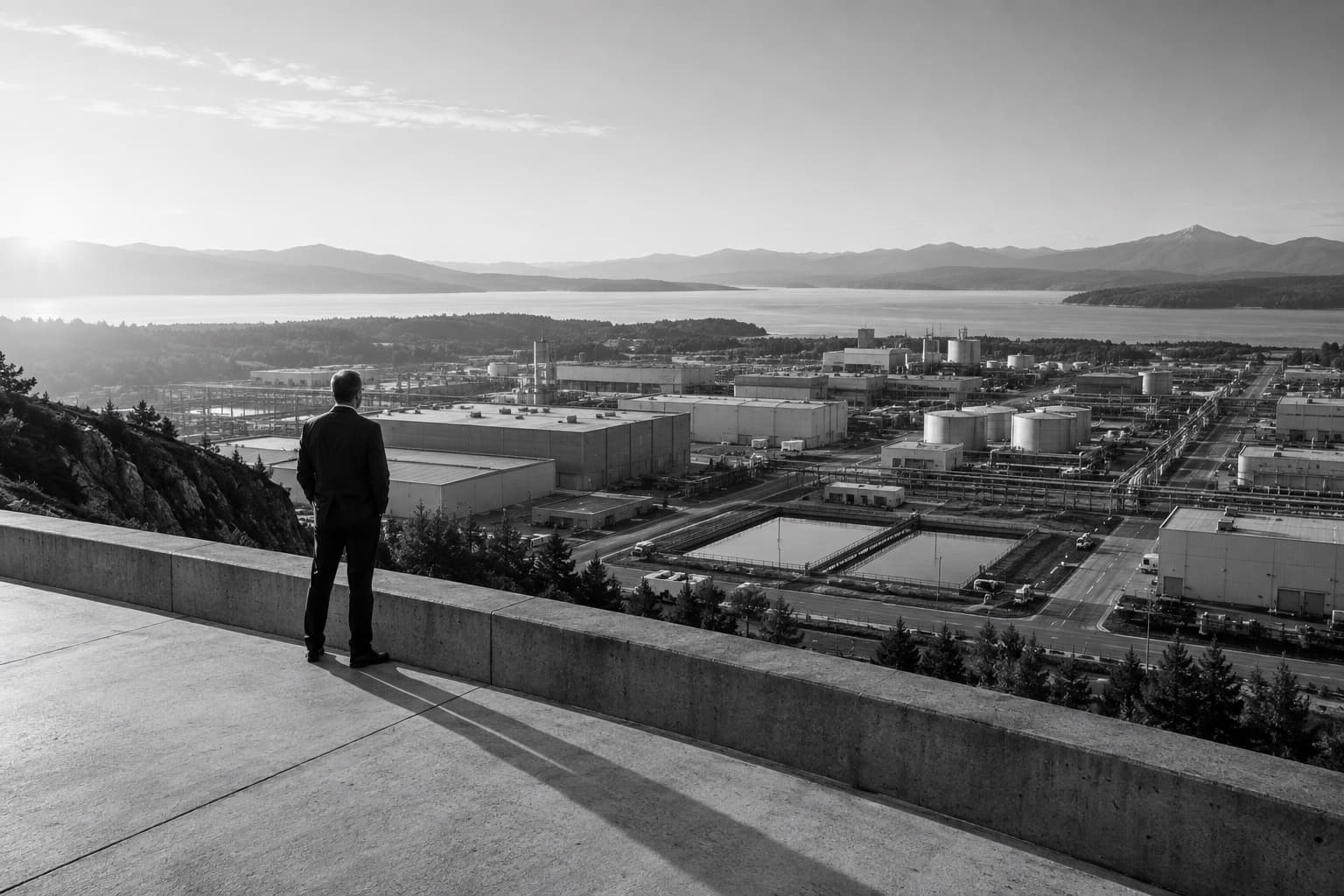 A business leader looking across an industrial campus from a high concrete overlook