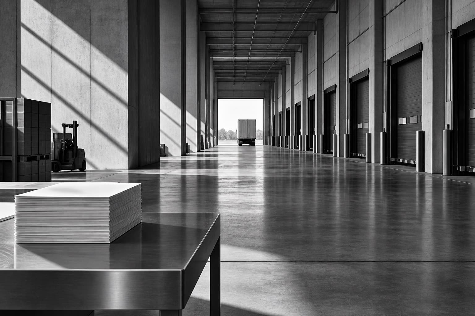 A monochrome industrial receiving hall with repeated loading bays and a stack of paper