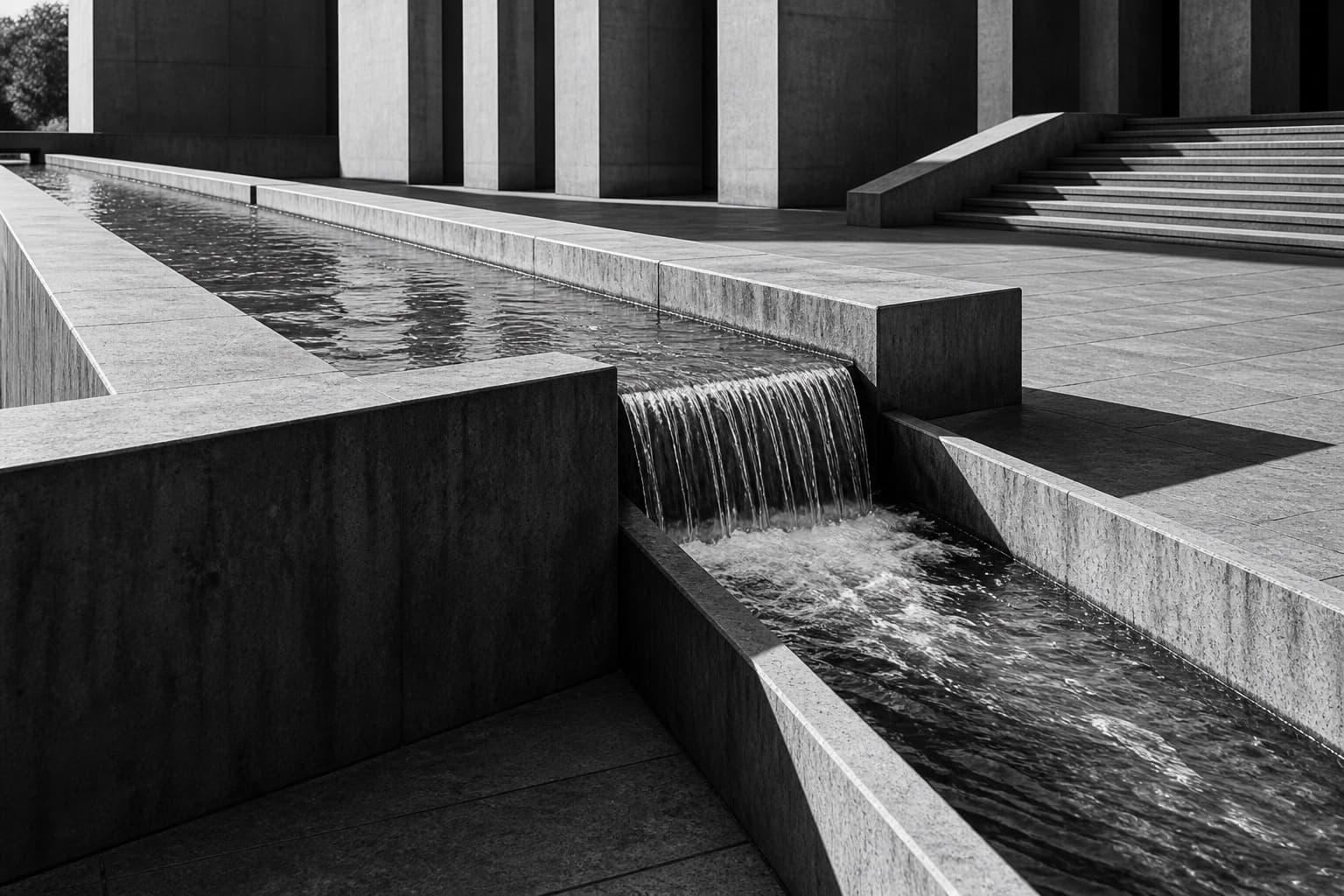 Water moving through a precise channel in monochrome concrete architecture