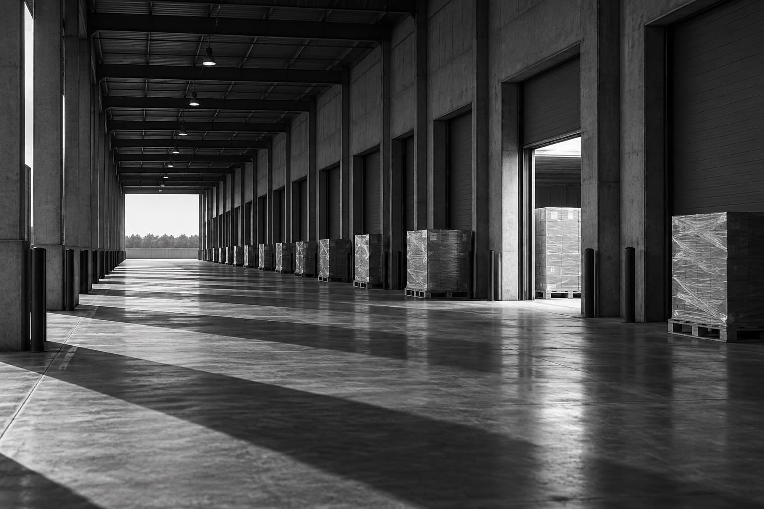 An orderly monochrome warehouse corridor with one loading bay illuminated
